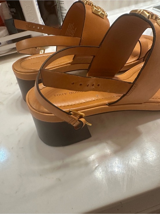 Tory Burch Shoes - Tory Burch Cognac Leather Block Heel Sandals with Gold Logo Accent Authentic